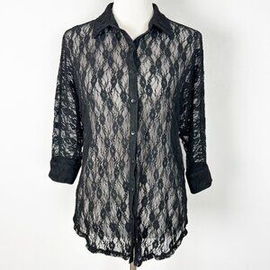 Y2K Whimsigoth Fairy Grunge Black Lace Button Down Shirt Size Medium Women's